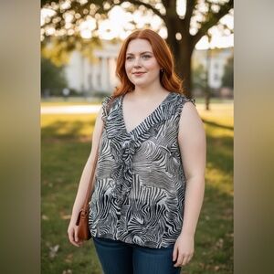 Addition Elle - Y2K Ruffle Sheer Zebra Print Sleeveless Blouse
